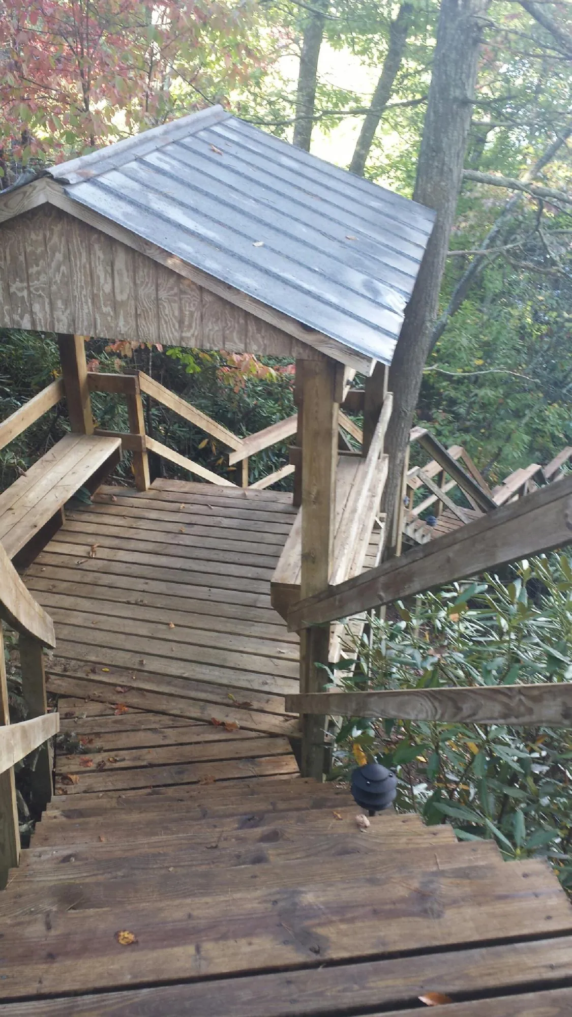 Metal roofed shelter over wooden steps on a wooded walkway — Skylight Repair & Installation work by our crew in Navarre